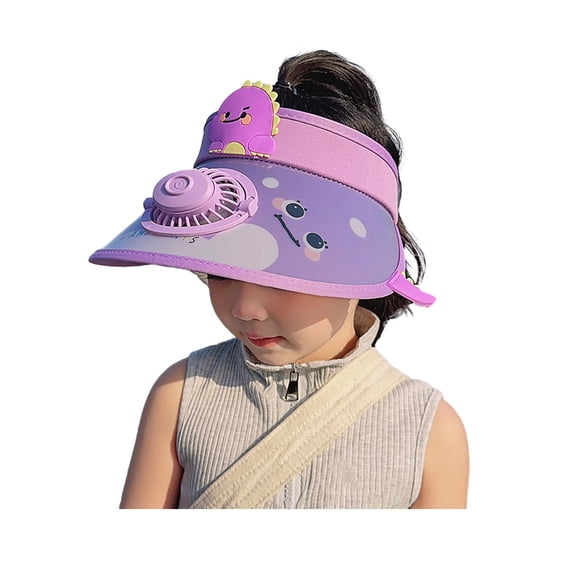 Xinwanna Cartoon Kids Sun Visor Hat with USB Charging Fan UPF50 Summer Beach Cooling Hat Outdoor Empty Top Wide Brim Sunhat for Boys Girls 3-10Y (Purple)