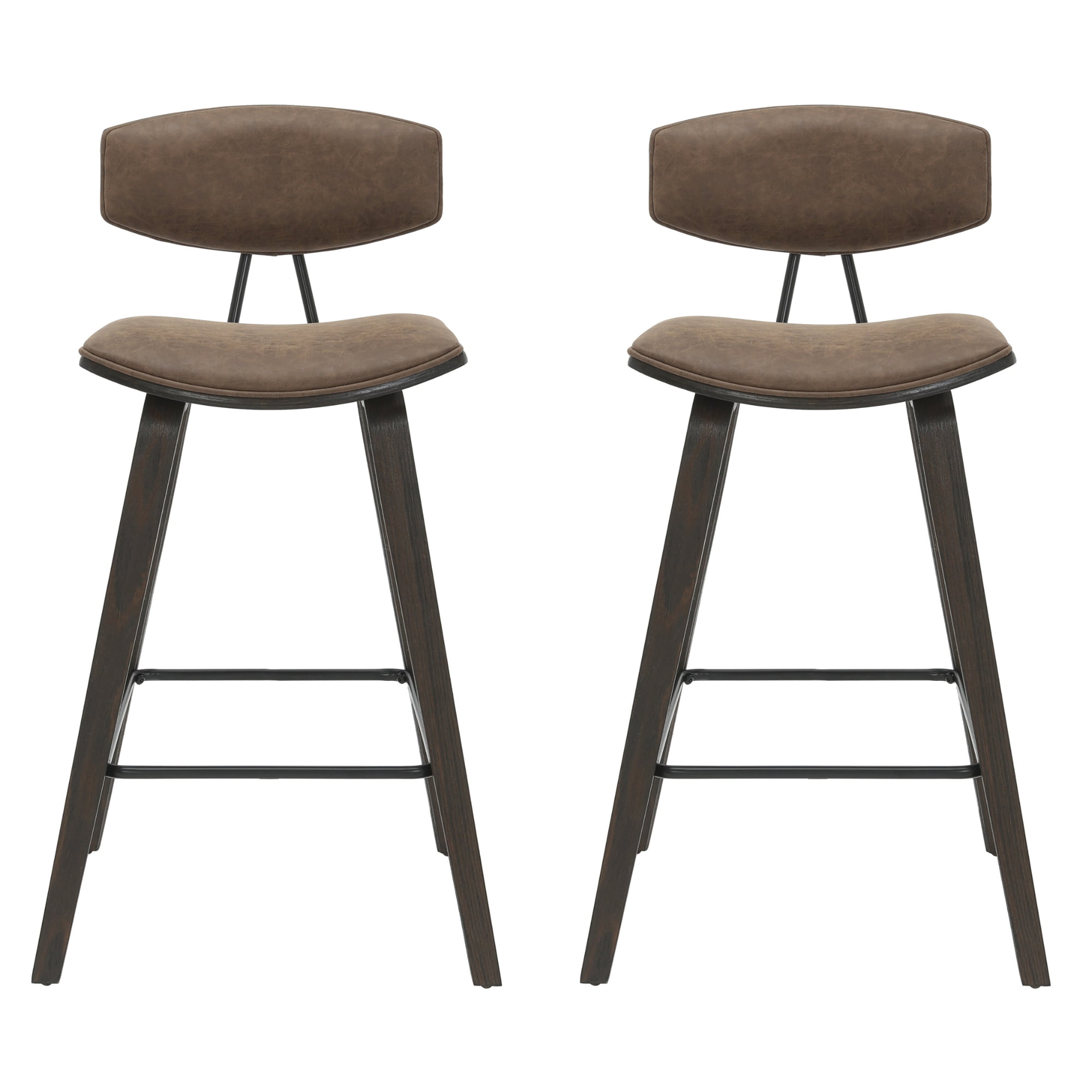 Fox 36 in. H Counter Height Vintage Dark Brown Curved Back Wood Bar Stool with Faux Leather Seat Set of 2