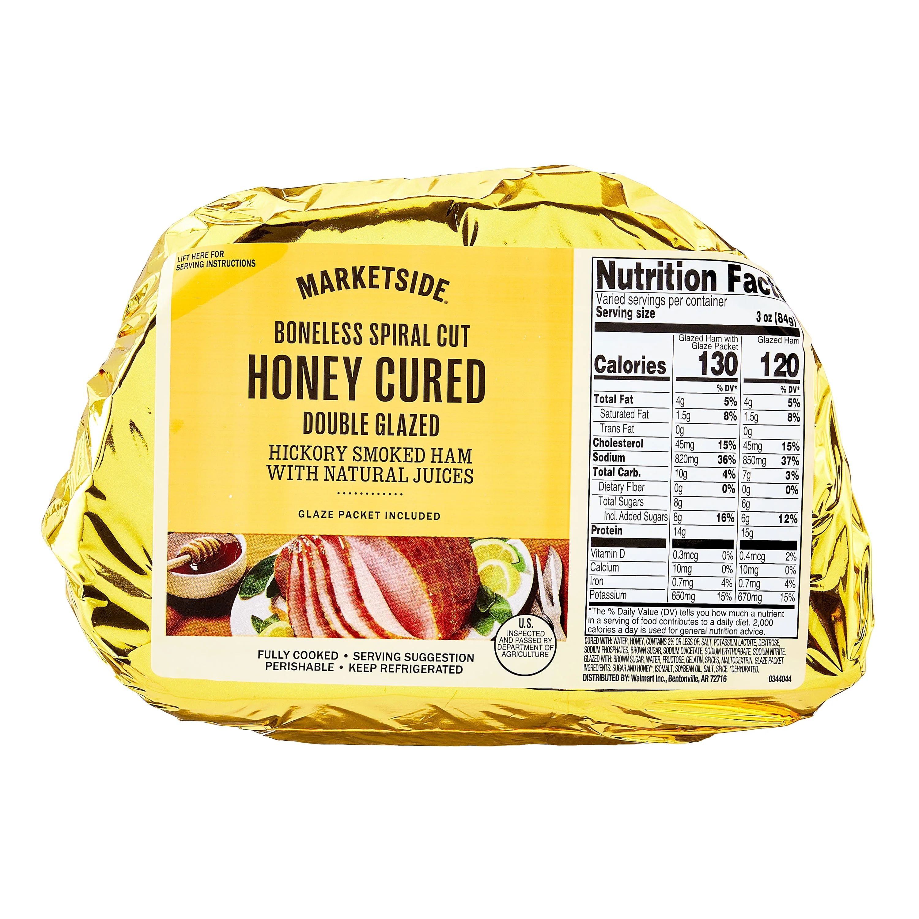 Marketside Natural Juice Boneless Spiral-Cut, Honey Cured Double Glazed Ham, Whole Muscle Cut, Pork, 3 - 4.8 lbs, 13g grams of protein per serving