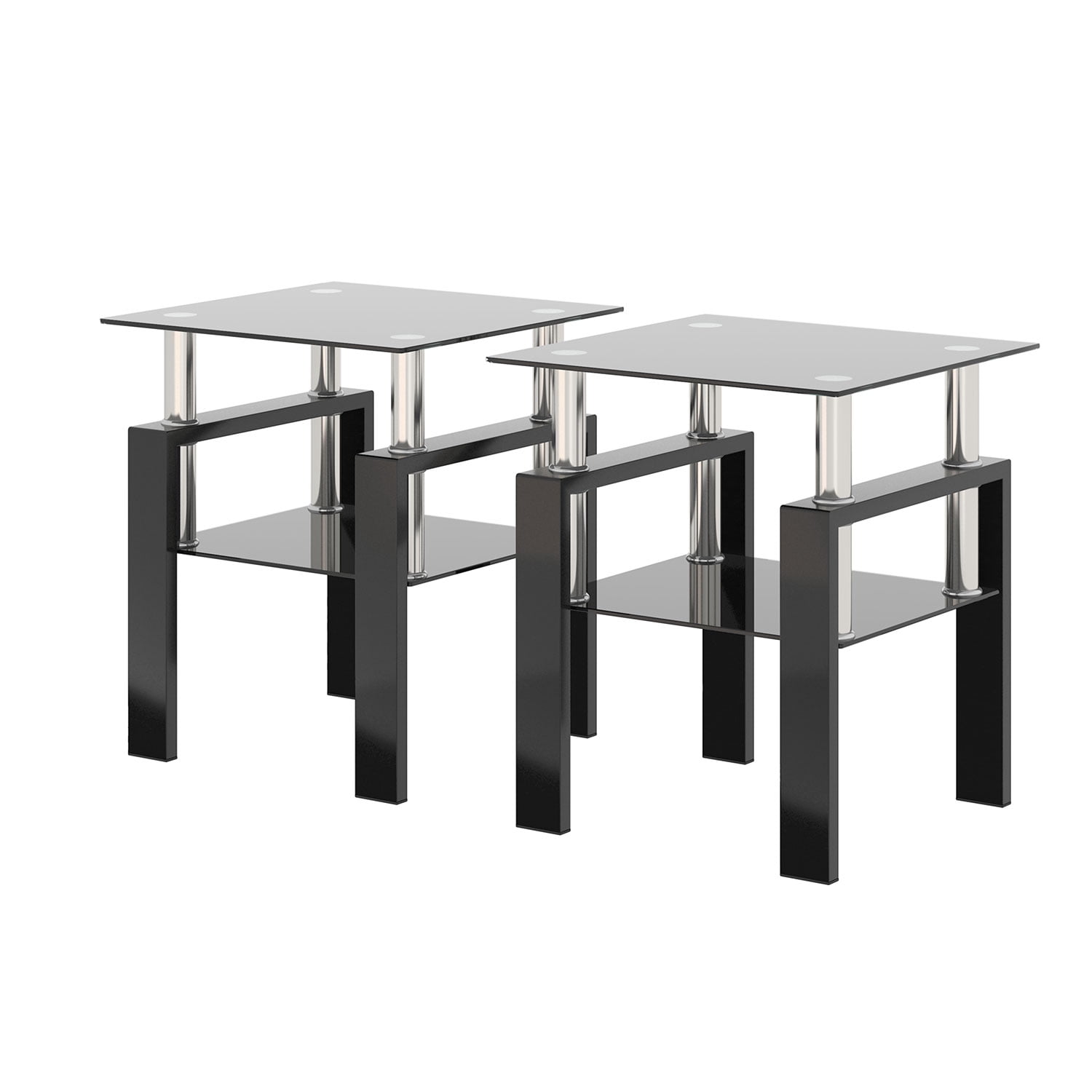Royard Oaktree End Table Set of 2, Square Tempered Glass Side Table with Shelf and Metal Legs, Black
