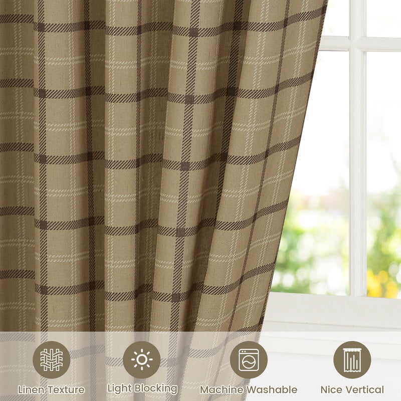 NICETOWN Check Plaid Linen Curtains for Bedroom, Semi Sheer Linen Grid Pattern Curtains Rod Pocket Back Tab Light Filtering Linen Windowpane Curtains, Linen, 52"x63", 2 Panels