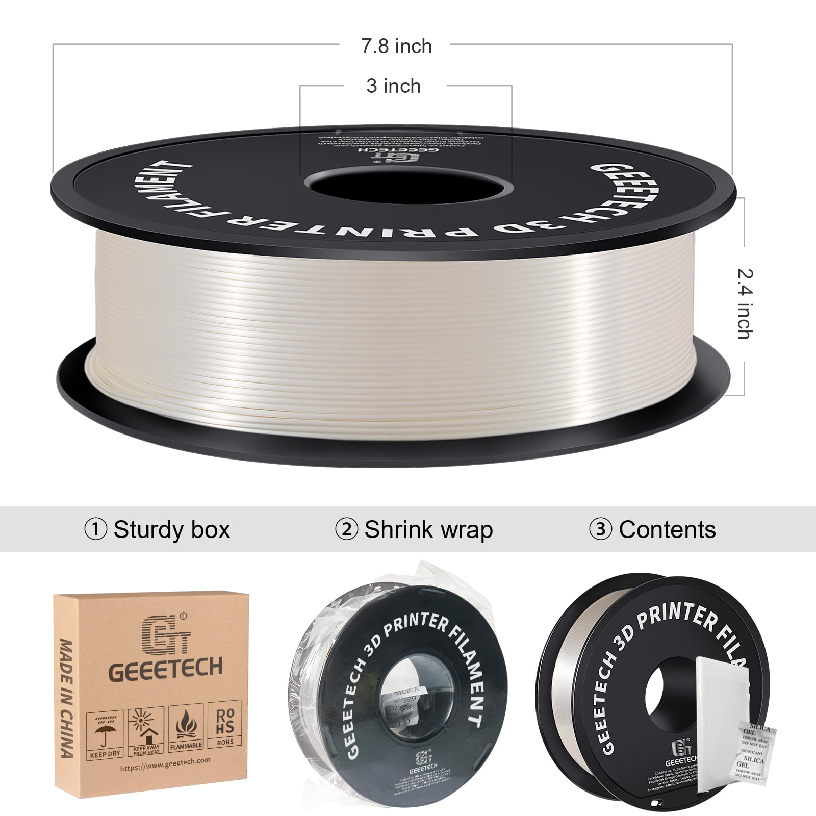 Geeetech 5pcs Silk wihte 3D Printer PLA Filament 5KG（11ibs） Toughness Enhanced Filament with 1.75mm Dimensional Accuracy +/-0.03mm, 1080 Feet per Roll, Vacuum Packaging
