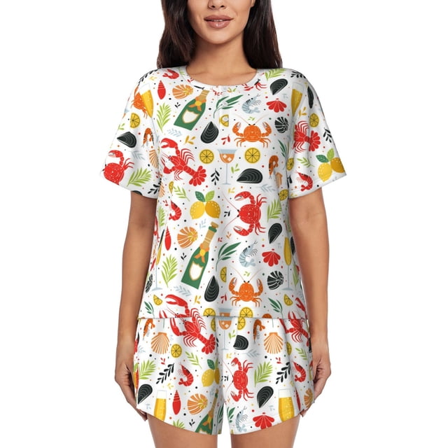 Balery Crabs Shrimps Conjunto de Pijama para Mujer con Estampado, Dos Piezas de Manga Corta y Shorts, Ropa de Dormir Suave con Cuello Redondo y Bolsillos-XX-Large