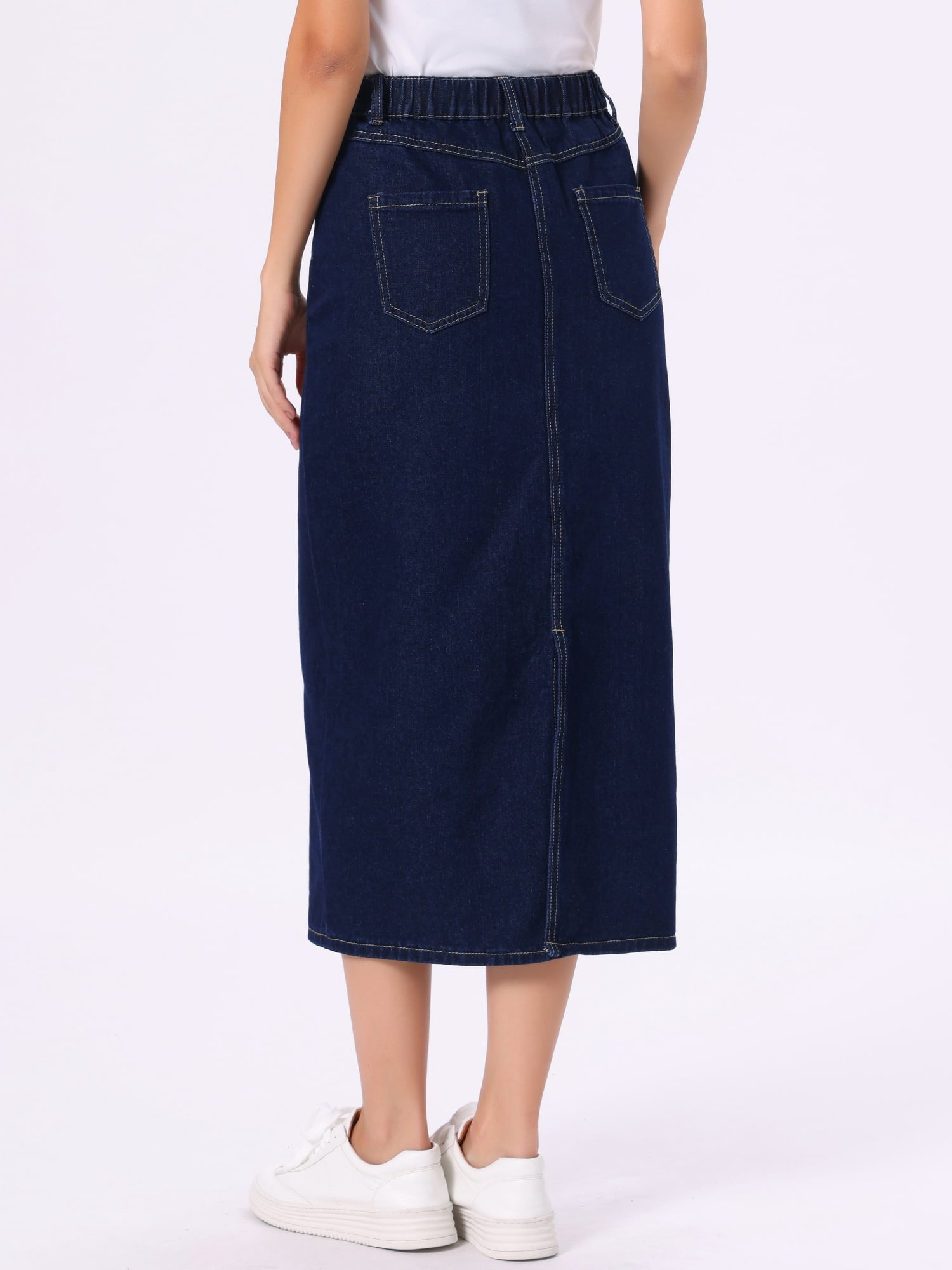 DARING DIVA Women's Casual Midi Length Split Back High Waist Long Jean Skirts M Blue