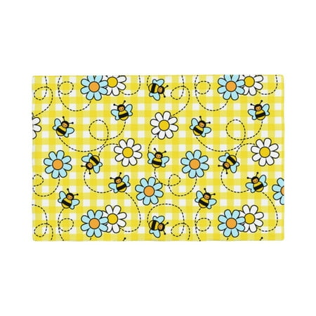 

Table Placemats Set of 4 - Cute bees daisies yellow checkered 12x18 In Faux Linen Double Heat Resistant Place Mats Cloth Indoor/Outdoor Placemats Washable Table Mats for Dining Kitchen Party