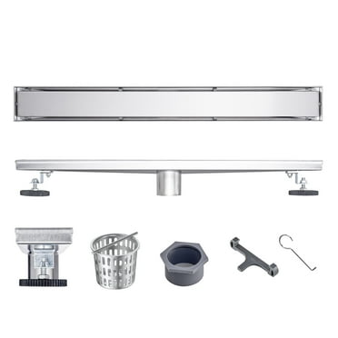 KFFKFF 24Inch Offset Linear Shower Drainage with Tile Insert Lid, Brushed Rectangle Drainage System for Shower Floor, 304 Stainless Steel, Equipped with Leveling Feet and Hair Filter, Silver