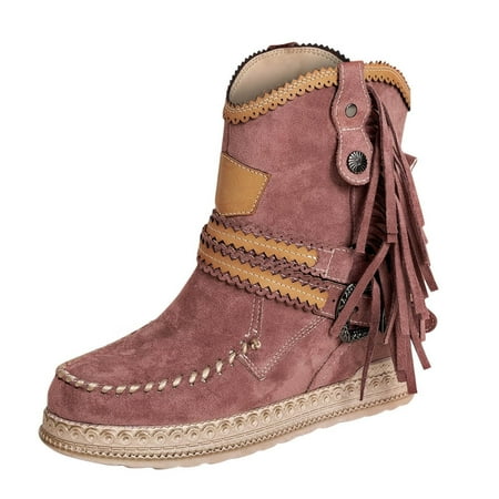 

Fashion Female Warm Boots Vintage Women Fringed Western Cowboy Boots Fashion Solid Color Slip On Boots Outdoor Heel Booties Shoes