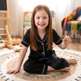 thumbnail image 4 of NIPAXO Girls Pajamas Set Short Sleeve Button-Down Solid Black Piping Long Pants Sleepwear Satin for Kids, 4 of 8