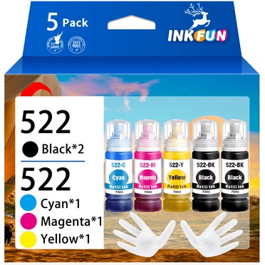 522 T522 Ink Bottle Compatible for Epson 522 Refill Ink for Epson 522 Ink Bottle for EcoTank ET-2720 ET-4700 ET-2800 ET-2803 ET-4800 Printer (5 Pack Black Cyan Magenta Yellow)