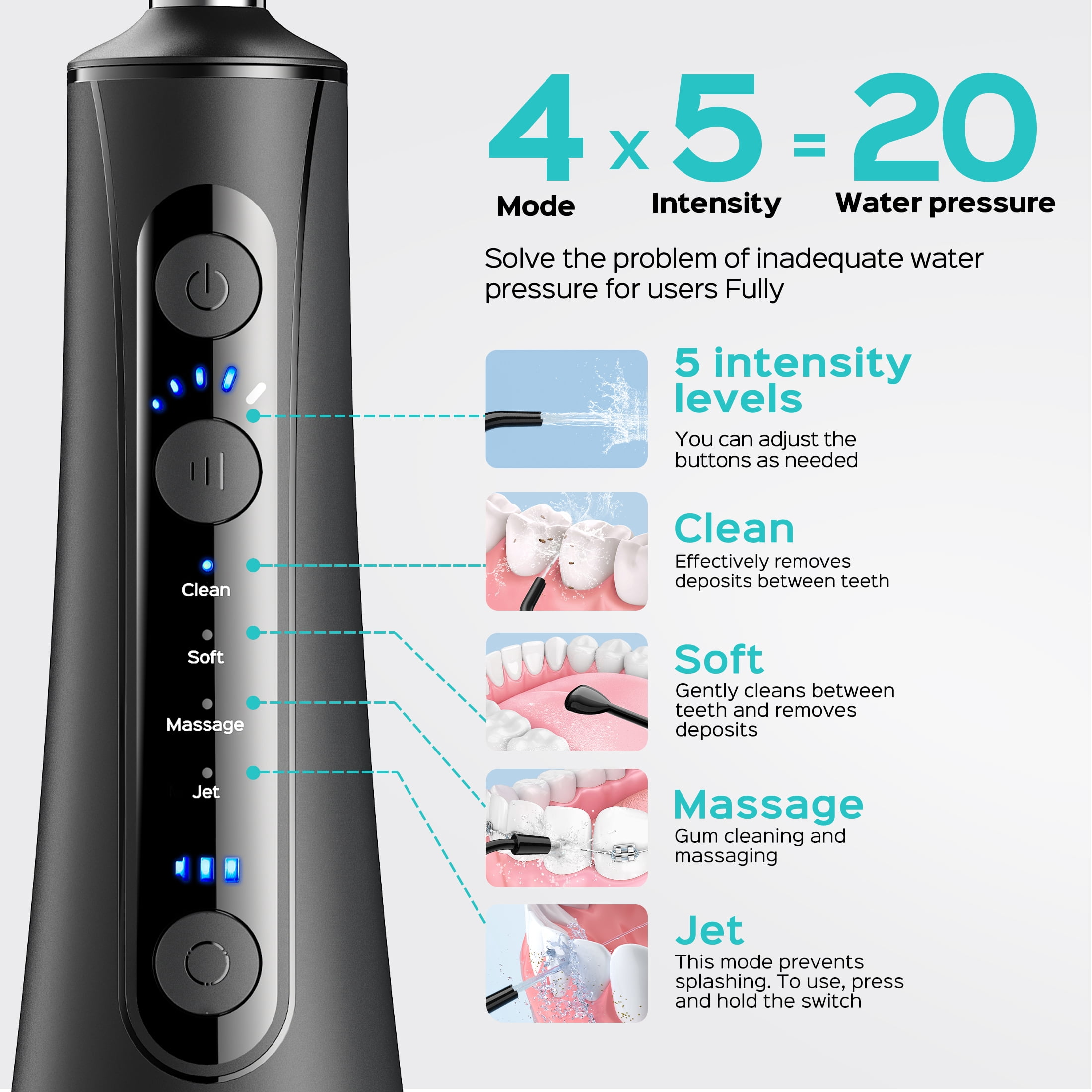 COSLUS CX50 Water Dental Flosser Pick For Teeth,4 Modes 5 Intensities,Portable Rechargeable Water Dental Flosser Oral Irrigator for Travel Home Black