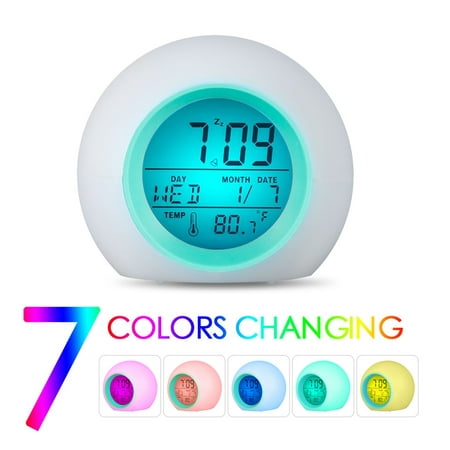 TSV Kids Alarm Clock, Children's Sleep Trainer, Sleep Sound Machine, Wake Up Light & LED Night Light with 7 Color Changing, 7 Ringing Tones & Touch Control, with Temperature Time Date