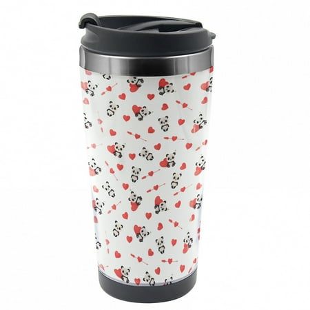 

Love Travel Mug Panda with Hearts Steel Thermal Cup 16 oz by Ambesonne