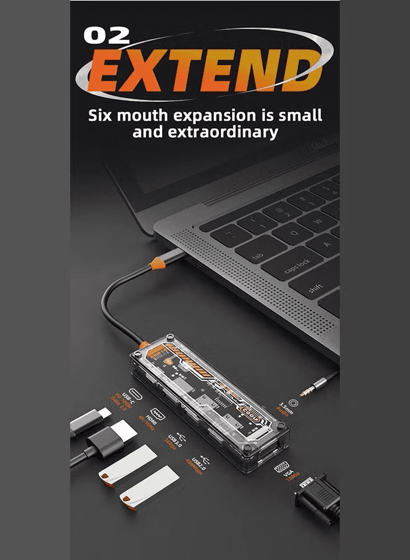 6-in-1 USB-C Docking Station, Transparent Type-C Hub with 4K HDMI, VGA, 100W PD Charging, USB 3.0/2.0 Ports and 3.5mm Audio, Compatible with Laptop/Tablet/Phone