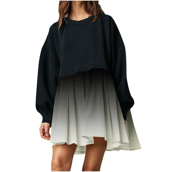 gakvbuo Fashion Women's Casual Over Sized Sweatshirt Long Sleeve Dress Round-Neck Ladies Patchwork Mini Dresses