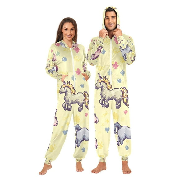 Cute Pixel Unicorns Adult Onesie Pajamas Slim Fit Christmas One Piece Suit Pjs for Women and Men Hooded Zipper