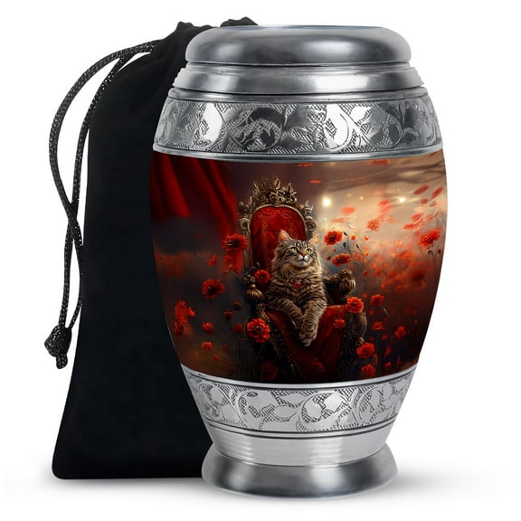 KARYLIZ Cat Urn - Funeral Urns For Human Ashes Adult - Red Flowers Cremation Urn Human Ashes - Urns For Human Ashes Adult - Funeral For Human Ashes Adult Men - Decorative Memorial Tribute (10inch)
