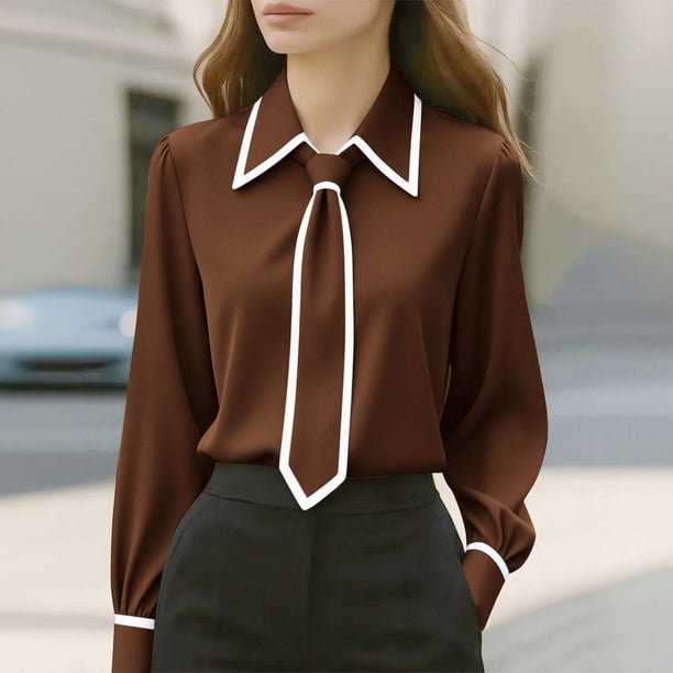 TaTaai Lapel Tie Solid Top Soft Comfortable Women's Casual Long Sleeve Fashion All Season Daily Party Work Versatile Shirt Gift