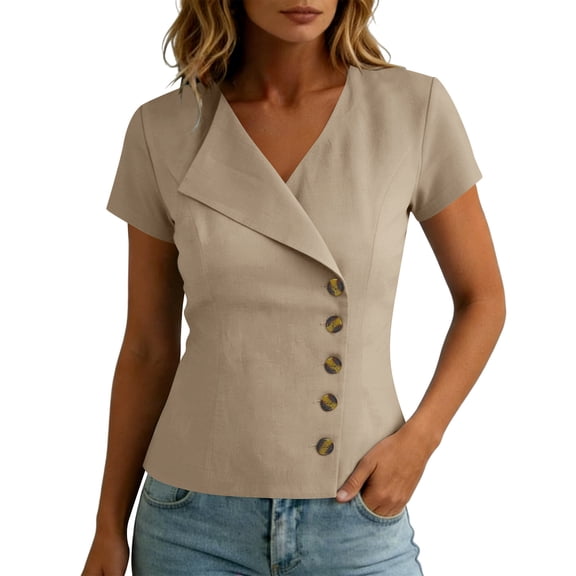 GUACER Womens Linen Cotton Short Sleeve Blouses Asymmetric Button Front V-Neck Tops for Casual Summer Shirts