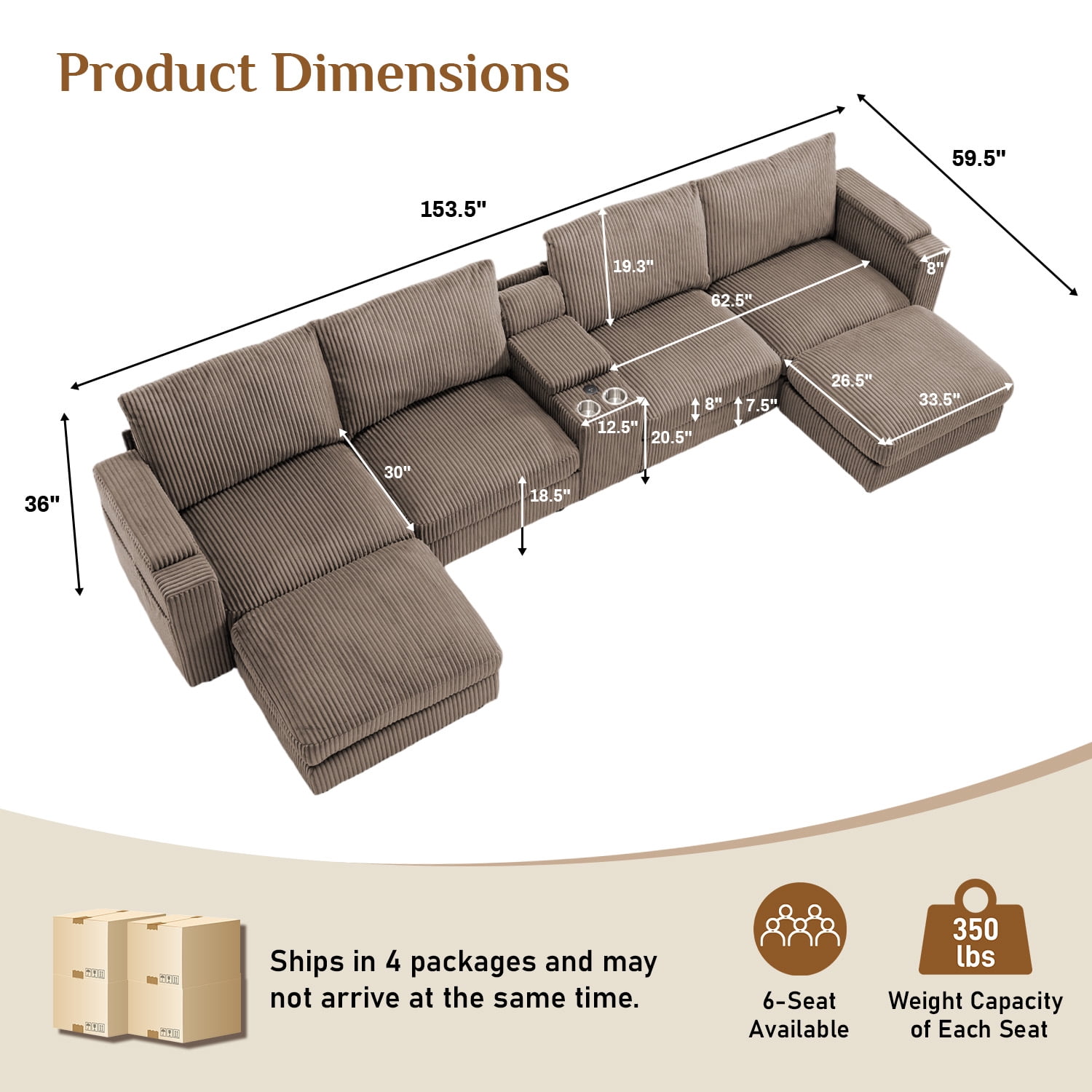 Wiilayok 153" Oversized U-Shaped Cloud Couch Sectional with Modular Design for Living Room: Comfy Corduroy, Ottoman, USB Port, Cup Holder, Armrest Storage, Side Pocket, Brown