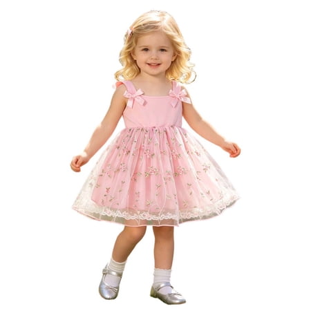 Likimi Toddler Child Girls Dress Summer Square Neck Floral Embroidery Sleeveless Fashion Casual Dresses Pink Size 3-6 Months