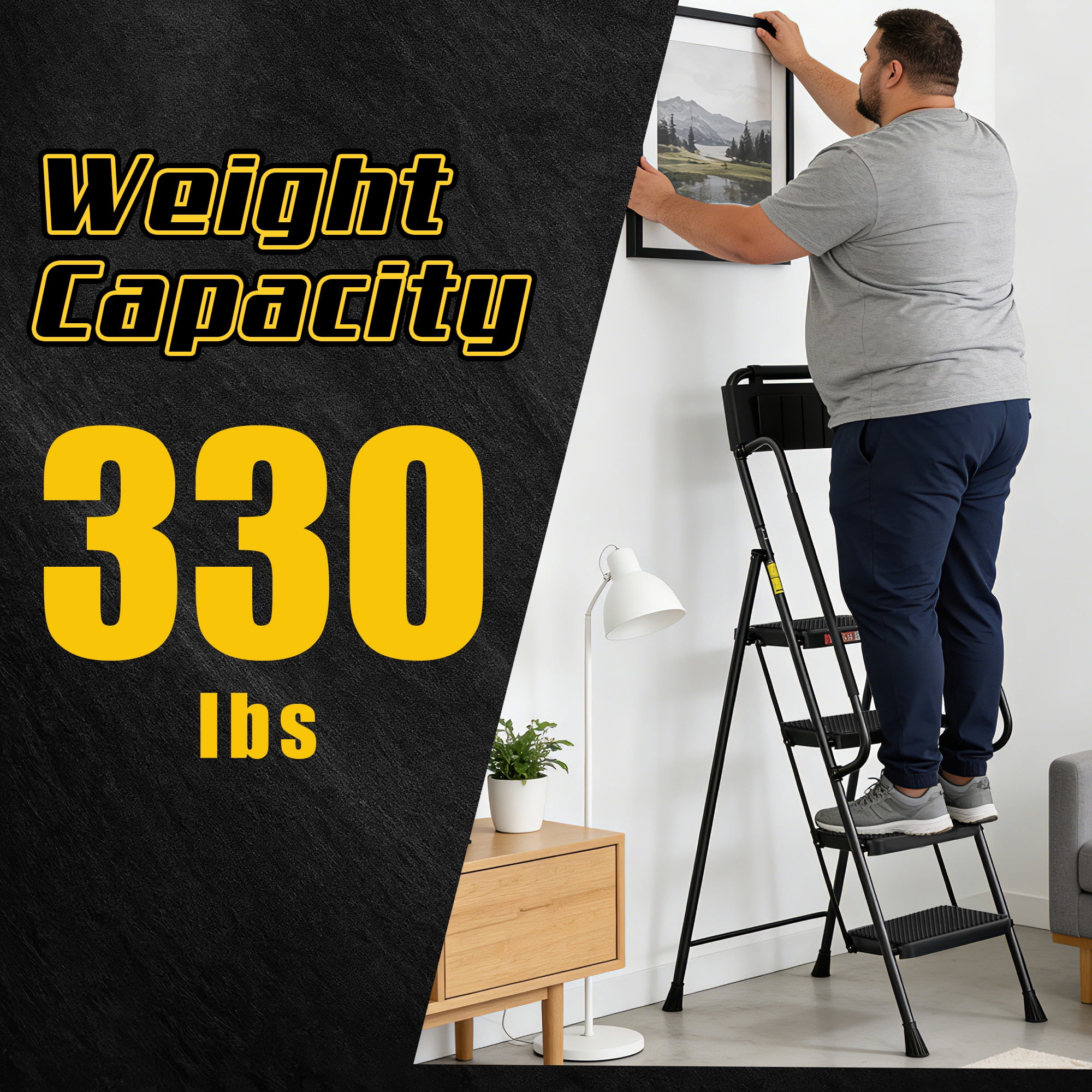 LevLad Folding 4 Step Ladder with Dual Handrails, Tool Bag & Anti-Slip Pedals, Stable Steel Step Stool for Seniors Home Use