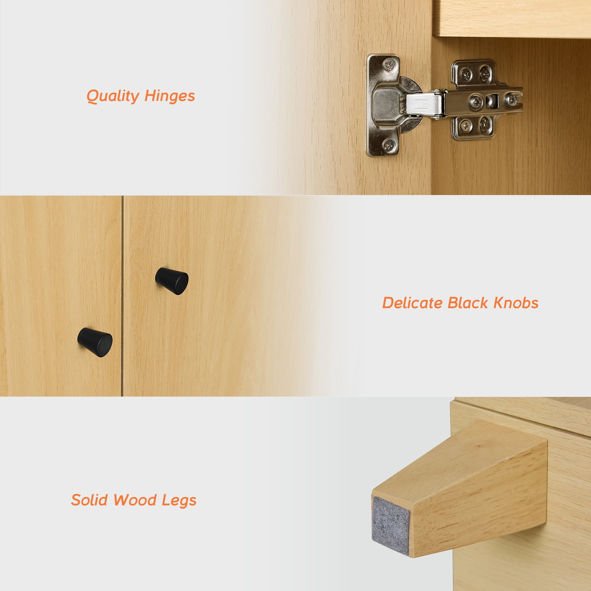 Large Bedroom Nightstand, Tall Bedside Table with 3 Fixed Compartments, Oak