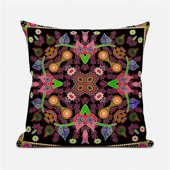 Paisley Leaf Geo Duo Indoor/Outdoor Pillow with Removable Cover in Black Gold Pink26x26