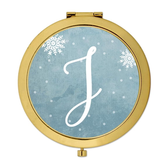 Koyal Wholesale Gold Compact Mirror Bridesmaid's Wedding Gift, Blue Winter Snowflakes, Monogram Letter J, 1-Pack