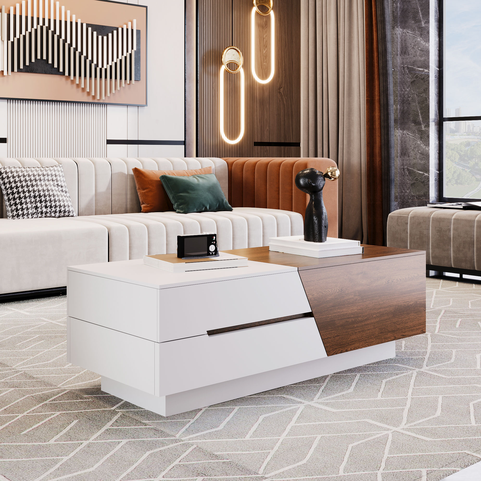 Euroco Modern Coffee Table with Extendable Sliding Top, Hidden Storage, Dual-Tone White and Walnut Finish, MDF Construction for Living Room