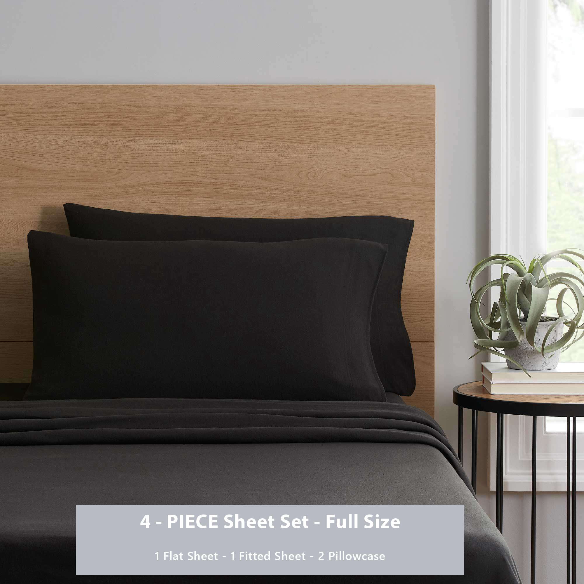Mainstays Cotton Rich Extra Soft Jersey Bed Sheet Set, Full, Rich Black, 4 Pieces