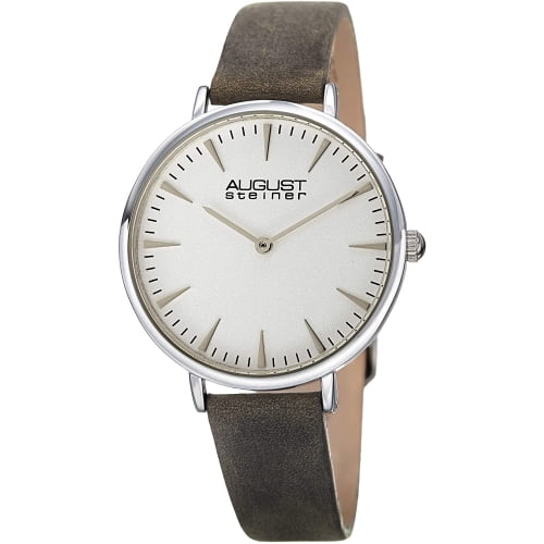 Women's AS8187GY Silver Quartz Watch with White Dial and Gray Nubuck Leather Bracelet