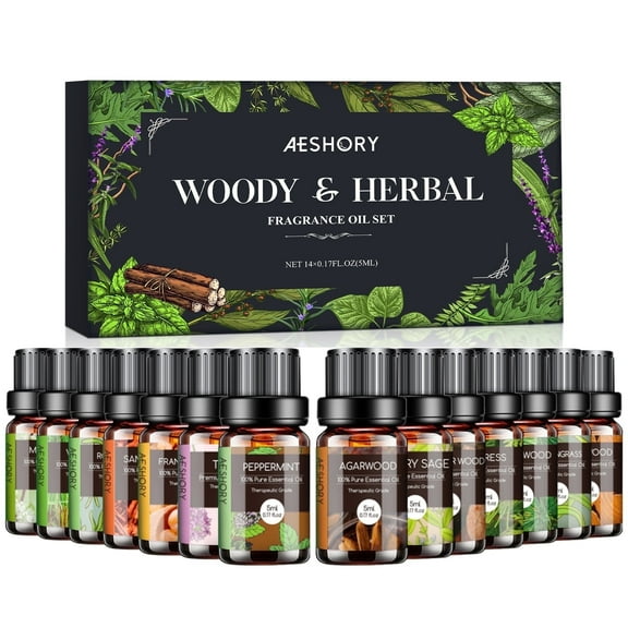 Aeshory Woody & Herbal Essential Oils Set for Diffusers, Aromatherapy, Candle Making, 5ml, Set of 14