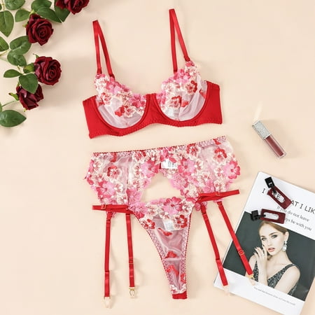 Generic Lace Embroidery Floral Mesh Color Contrast Patchwork Backless Thin Sexy Lingerie Three-Piece Set 27203