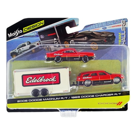 2006 Dodge Magnum R/T Red and Black and 1969 Dodge Charger R/T Red and Black w/Car Trailer 1/64 Diecast Model Car by Maisto