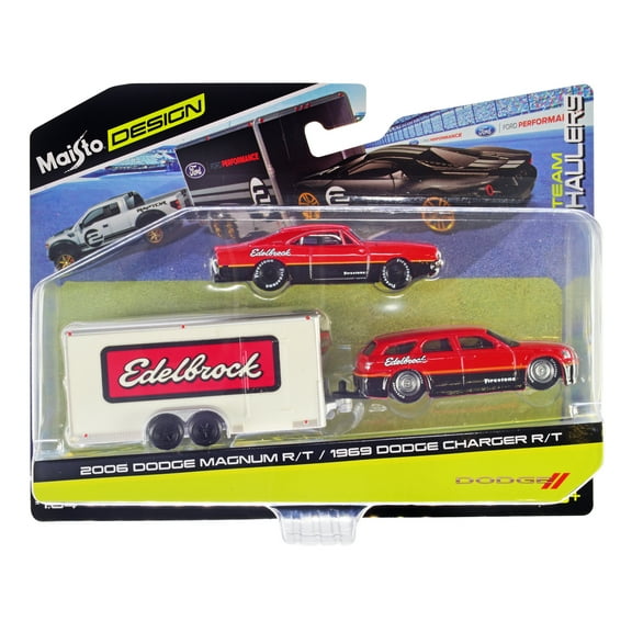 2006 Dodge Magnum R/T Red and Black and 1969 Dodge Charger R/T Red and Black w/Car Trailer 1/64 Diecast Model Car by Maisto