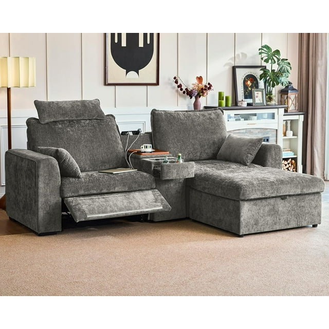 BEDEEP Canapé Inclinable Électrique 103 Pieds' avec Console, Canapé Inclinable 3 Places en Chenille pour Salon RV avec Chargeur Sans Fil, USB, Porte-Gobelet, Appuie-Tête, Tiroir, Gris