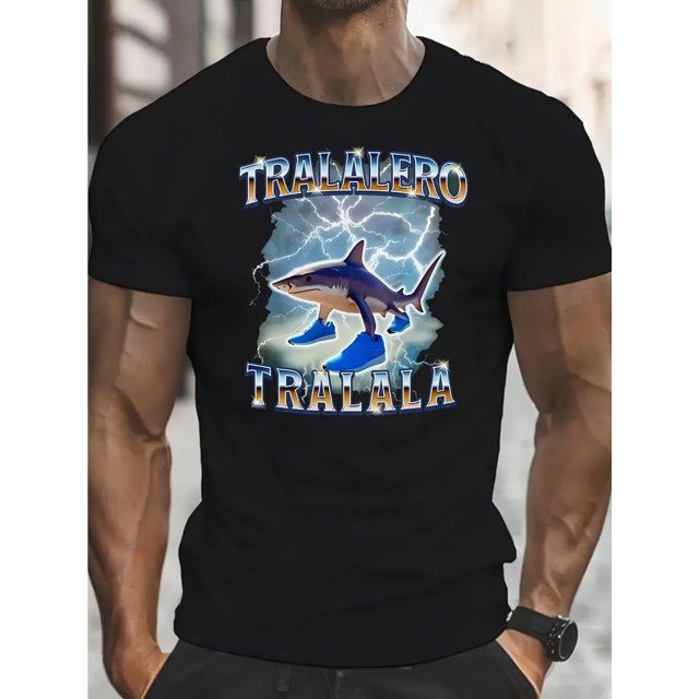 Men'S "Tralalero Tralala" Shark in Sneakers Graphic T-Shirt - Black Casual Short Sleeve Crew Neck, Machine Washable Summer Top, Fun Cartoon Design for Casual Attire & Gifts