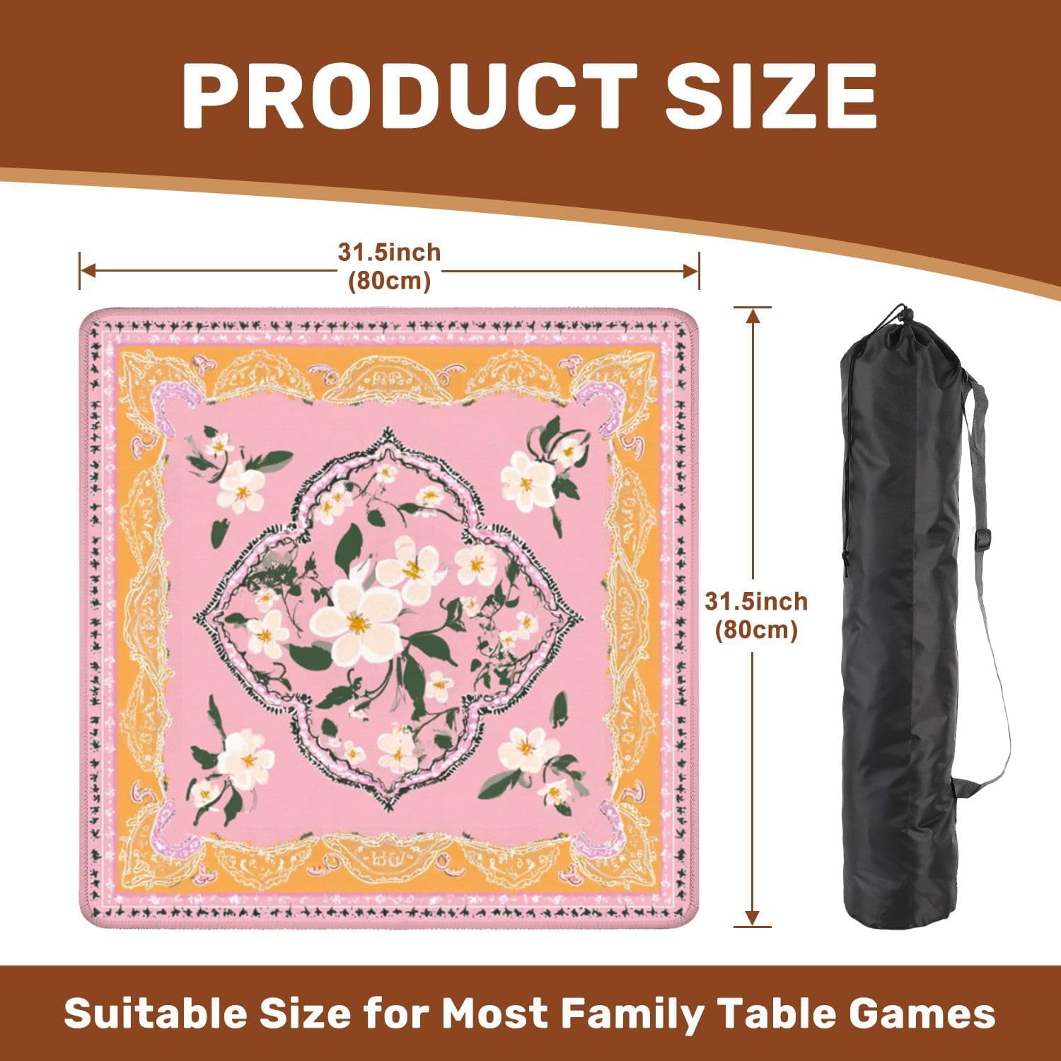 Mahjong Mat 31.5" x 31.5" Floral Bandana Pink White Blossoms Non-Slip Noise Reduction Mahjong Tiles Table Cover for Dominoes Poker Card Board and Tile Games