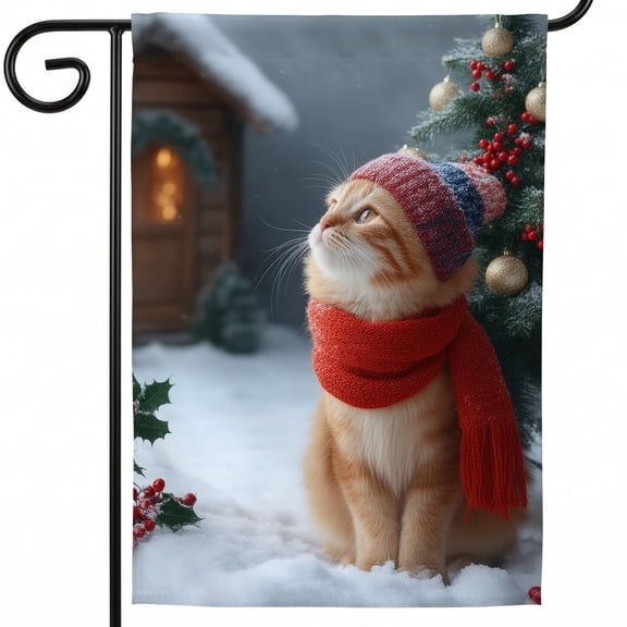 Christmas House Flag Double Sided,A cat wearing a red scarf and a red hat sitting in the snow,Holiday Flag 28 x 40 Double Sided,Xmas Flag for Outside,Xmas Decor
