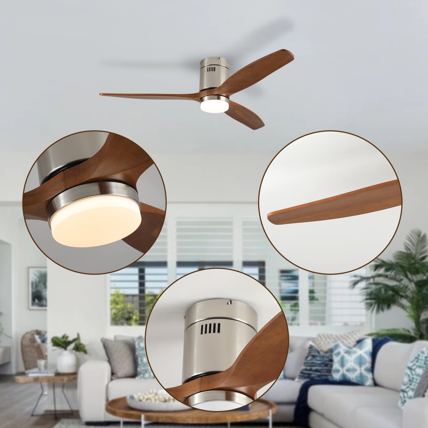 52 Inch Ceiling Fan with Light, Walnut Solid Wood Blades, Remote Control, 6-Speed Reversible DC Motor for Bedroom, Living Room, Dining Room Indoor Outdoor Use
