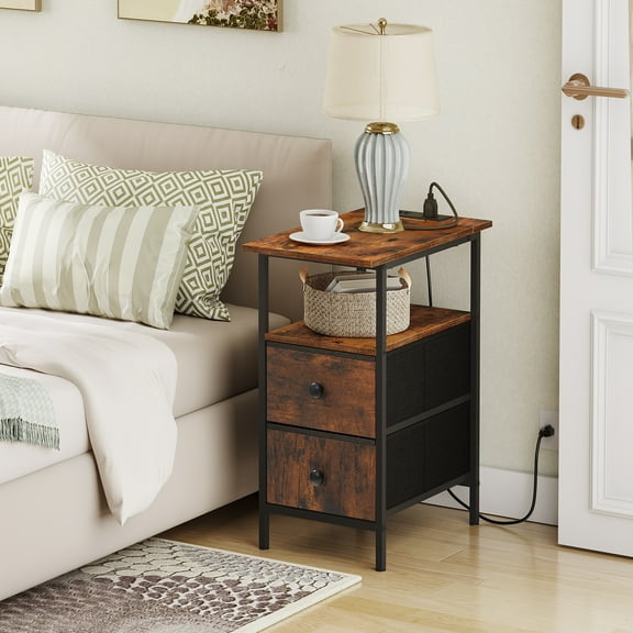 Side Table with Charging Station, Narrow End Table with 2 Drawers, Slim Nightstand and Bedside Table with Storage, for Small Spaces, Rustic Brown Black