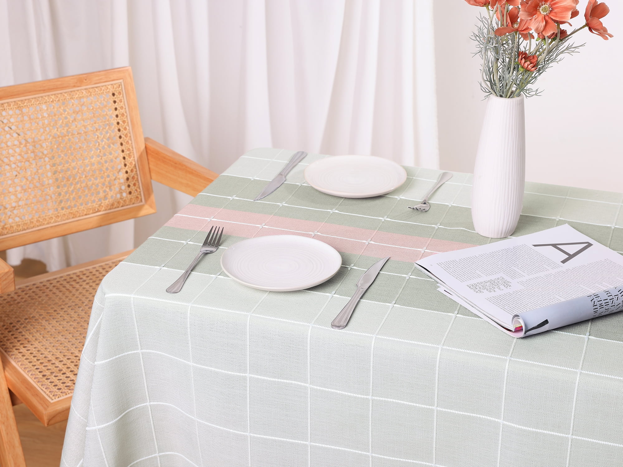 Unique Bargains Rustic Tablecloth Cotton Linen Waterproof Table Cover with Tassels, Pink Grey 55"x55"