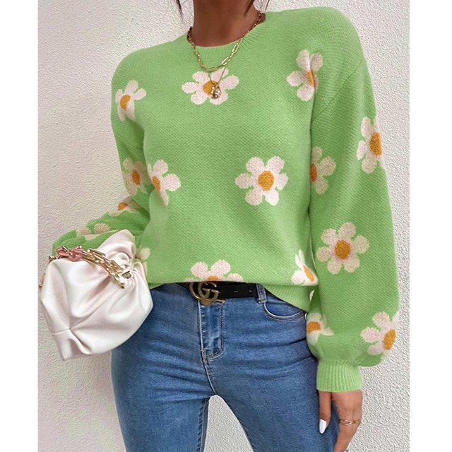Suéter de moda de otoño e invierno para mujer de Europa y América, jersey de punto suelto de manga larga con cuello redondo, suéter pequeño de crisantemo de otoño para mujer