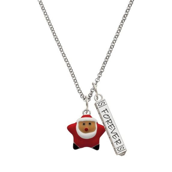 Delight Jewelry Silvertone Red Star Santa Silvertone Forever Bar Charm Necklace, 23"