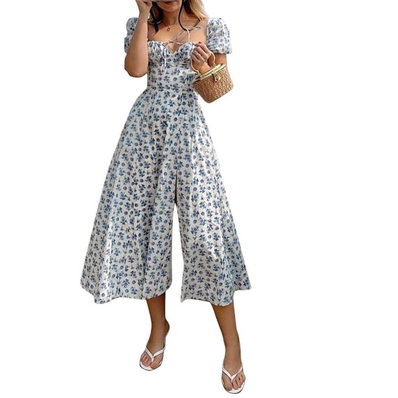Qmyliery Women Elegant Side Slit Dress, Floral Print Square Collar Short Puff Sleeves Skirt, Pale Yellow/ White