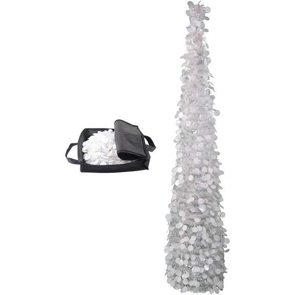 5ft White Tinsel Christmas Tree Collapsible Pop Up Christmas Tree with Storage Bag