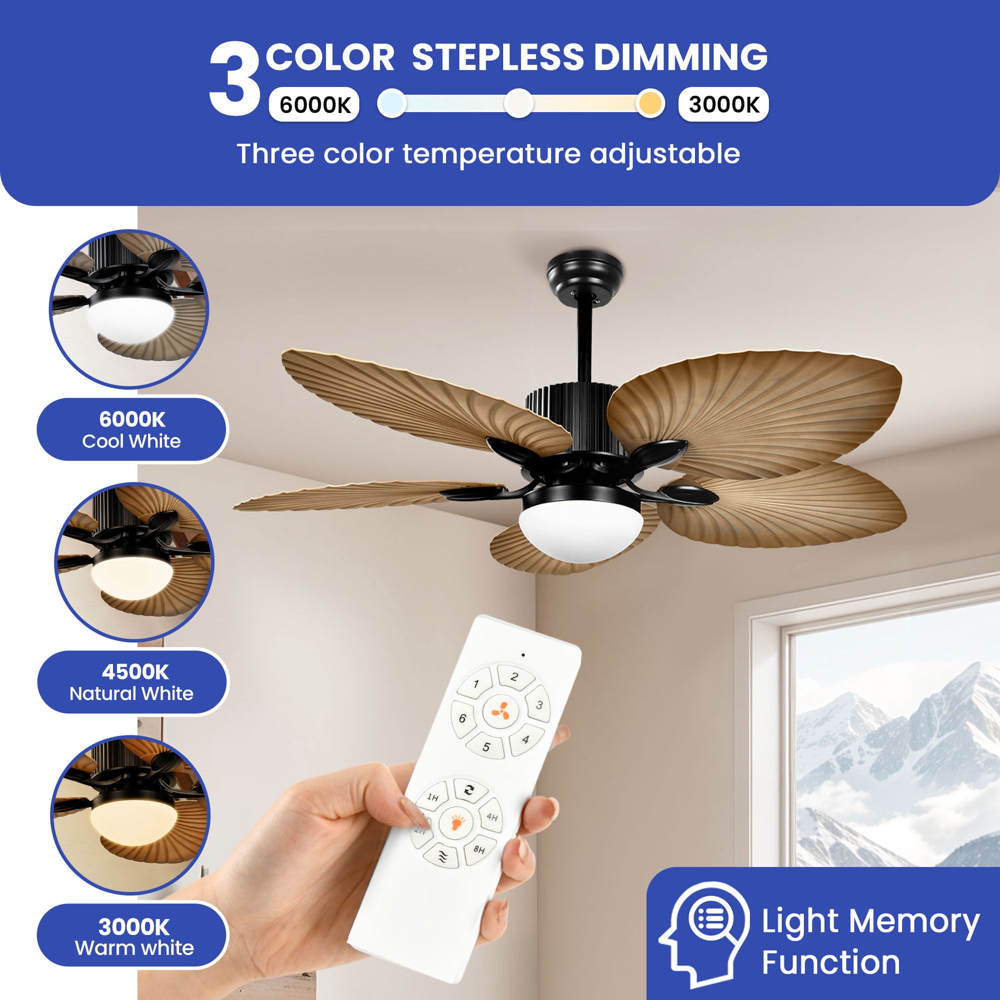 ModFusion 52-inch Tropical Coastal Ceiling Fan with LED Light & Remote, Quiet Reversible DC Motor, 5 Palm Blades, Brown