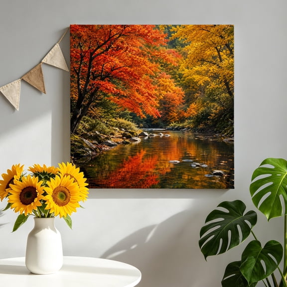 Canvas Wall Art Fall Scenicview Canvas Art Print Forest Landscape Golden Yellow Orange Maple Trees River Wall Decor for Living Room Bedroom Artwork Decorations Stretched Framed Ready to Hang 16"x16"