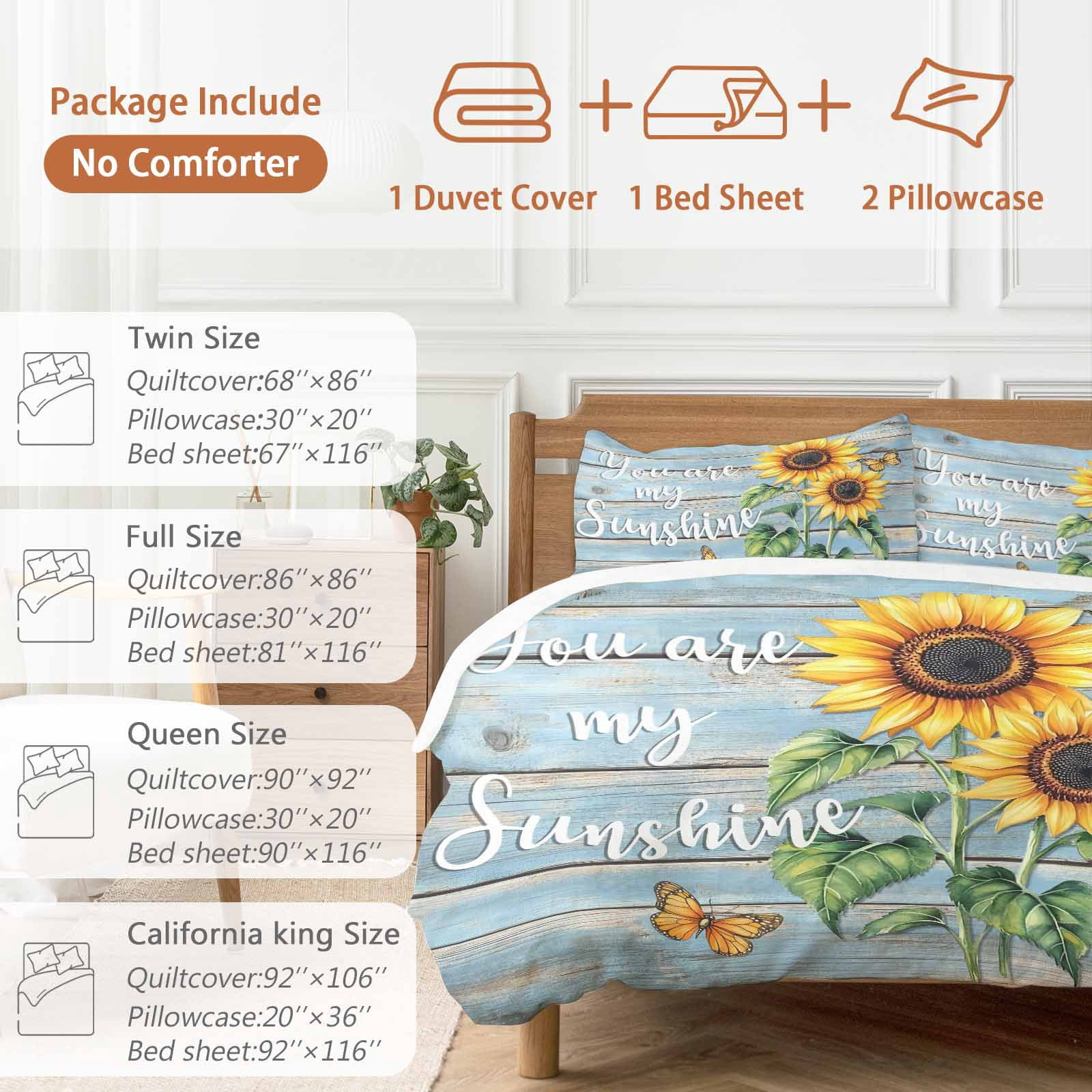 Vintage Sunflower Bedding Duvet Cover Set King 4 Pieces You Are My Sun Shine Butterfly Blue Wood Board Bedding Set with Zipper Closure,1 Comforter Cover 92x106 Inches 1 Flat Sheet & 2 Pillow Cases