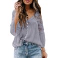 thumbnail image 2 of Sonducket Camisa de mujer Blusa de encaje con cuello en V Camisa de color sólido V Botón de manga larga Top Prendas para la parte del cuerpo gris púrpura XL, 2 of 6